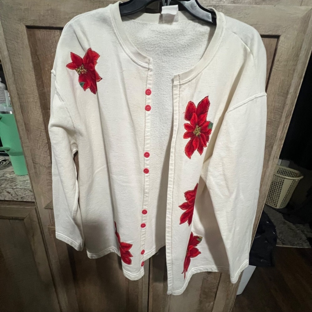 Vintage Poinsettia Cardigan Sweater Holiday Christmas Grandma Core